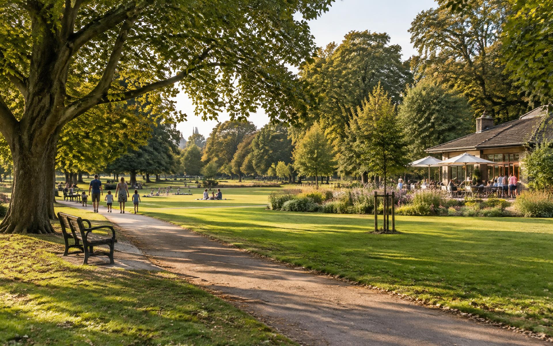 Cowley Recreation Ground in Uxbridge, with a tree-lined path leading towards the cafe